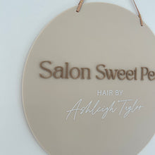 Load image into Gallery viewer, Round hanging sign with leather strap