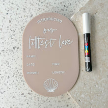 Load image into Gallery viewer, Baby Arrival Announcement Shell Plaque - includes white liquid chalk marker