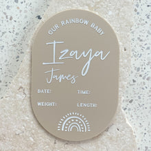 Load image into Gallery viewer, Personalised our rainbow baby announcement plaque - includes white liquid chalk marker