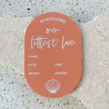 Load image into Gallery viewer, Baby Arrival Announcement Shell Plaque - includes white liquid chalk marker