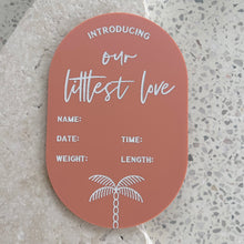 Load image into Gallery viewer, Baby Arrival Announcement Palm Plaque - includes white liquid chalk marker
